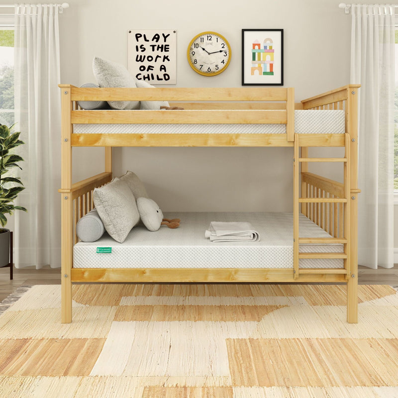 Natural pine twin-over-twin wooden bunk bed in bright modern kids' bedroom with ladder, white mattresses, decorative pillows, wall art and clock