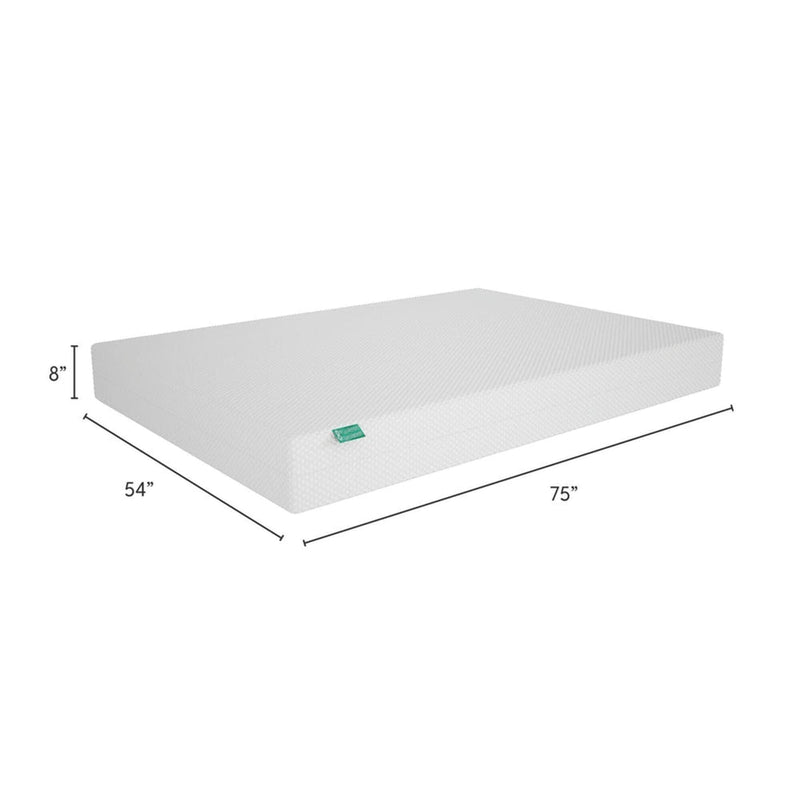 Full-size mattress 54 x 75 x 8 inches — low-profile 8-inch foam mattress with white textured breathable cover, ideal for guest rooms and small bedrooms