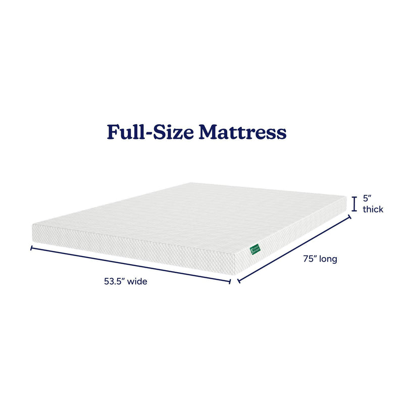 Full-size mattress 5-inch thick low-profile white mattress, 53.5" wide x 75" long, full/double bed mattress ideal for guest rooms and small bedrooms