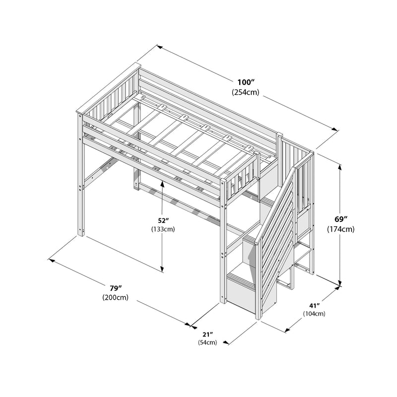Isometric technical drawing of a wooden twin loft bed with built-in stairs, shelving and under-bed play/storage area, annotated with dimensions 100" (254cm) length, 79" (200cm) depth and 69" (174cm) height.
