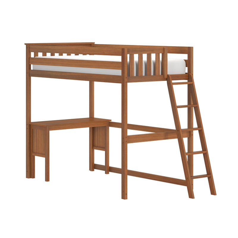 Twin loft bed with ladder and built-in desk, solid walnut-finish wood frame, space-saving kids' bedroom furniture