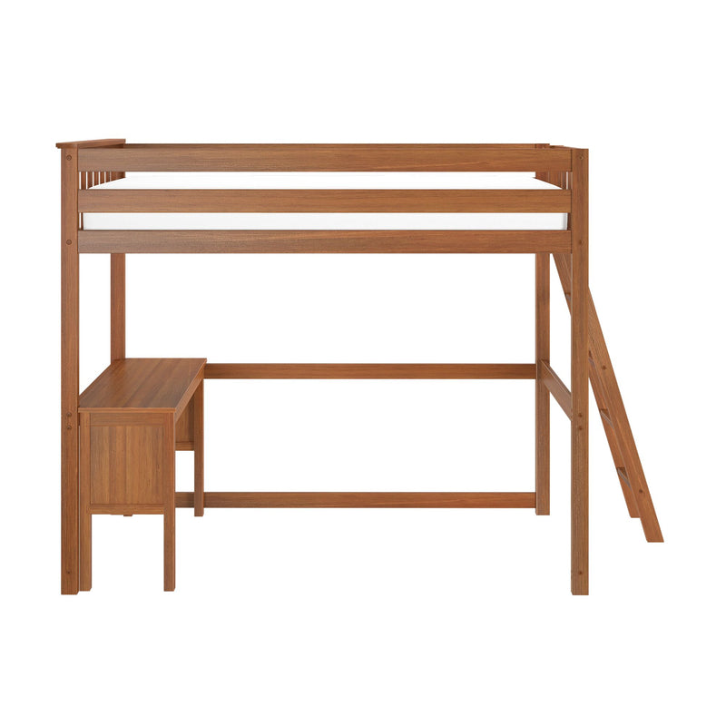 Natural wood loft bed with ladder and built-in desk storage, twin mattress, space-saving kids' bedroom furniture