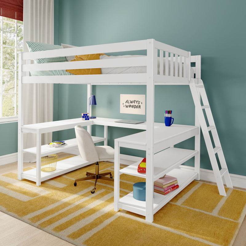 White loft bed with built-in desk and ladder in teal kids' bedroom, study nook with lamp, striped pillow and storage shelves