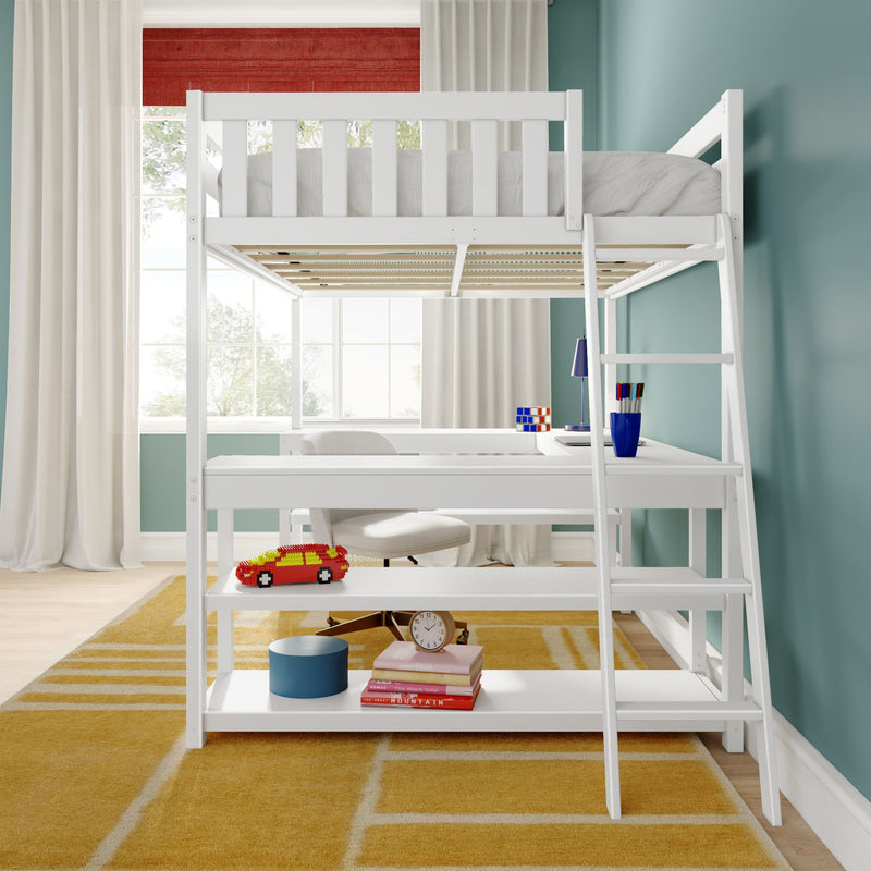 Modern white loft bed with built-in desk and ladder in a bright kids' bedroom with teal walls, yellow rug, toy car, books and desk lamp