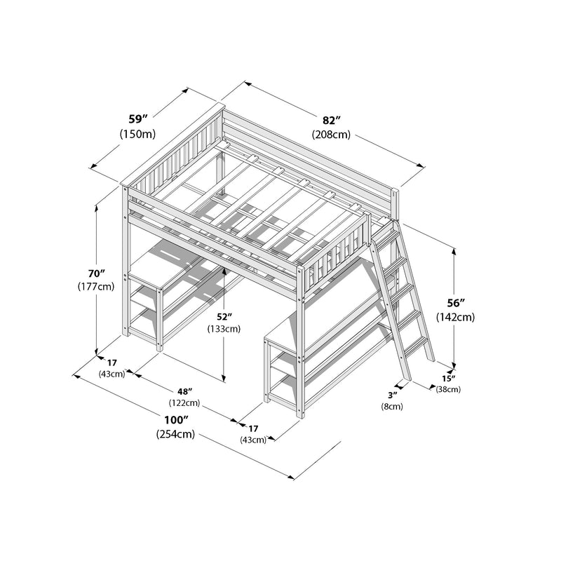 Wooden twin-over-twin loft bunk bed assembly diagram with ladder, built-in shelving and labeled dimensions in inches and centimeters