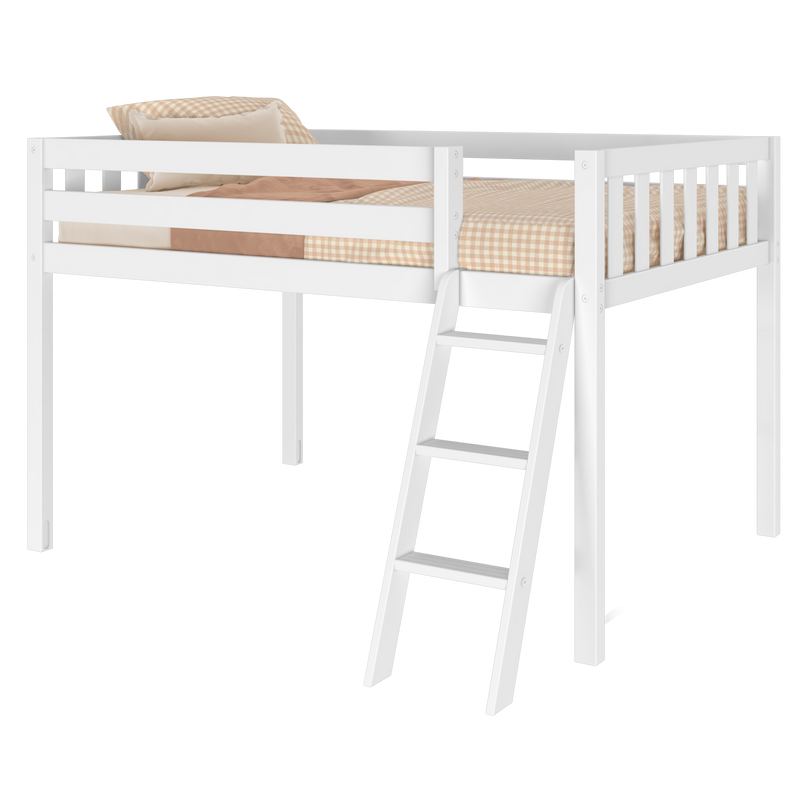 White wooden loft bed with ladder and safety rails, beige gingham bedding — elevated kids' bed frame, modern minimalist design
