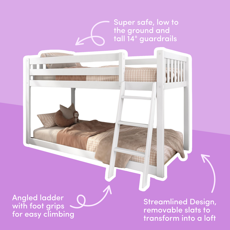 White children's loft bunk bed with angled ladder and 14‑inch guardrails, low‑to‑floor safety design with beige gingham bedding
