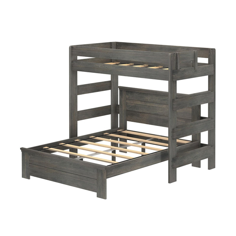 Rustic gray wooden loft bunk bed frame with top guardrails, ladder-style sides and slatted mattress supports for space-saving bedrooms