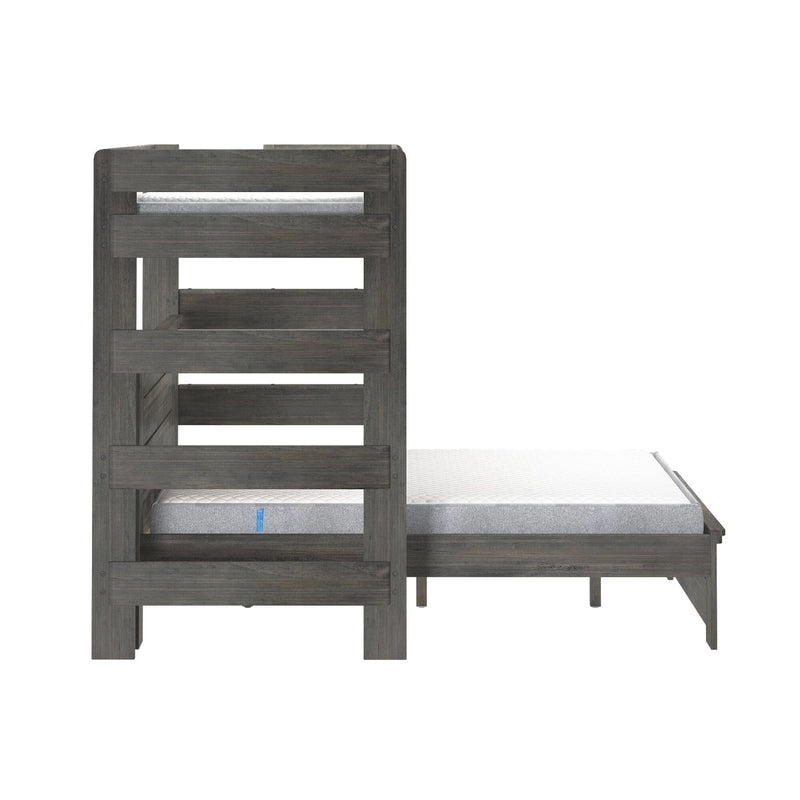 Rustic gray wooden twin-over-full bunk bed with slatted headboards and guardrails, modern farmhouse finish shown with white mattress