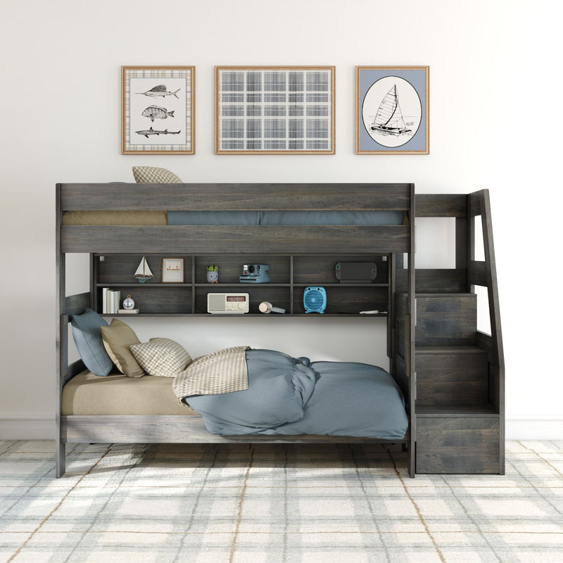 Modern Farmhouse Twin Over Twin Bunk Bed With Stairs & Bookcase