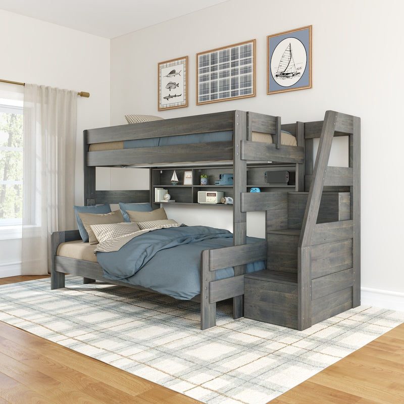 Modern Farmhouse Twin Over Full Bunk Bed With Stairs & Bookcase