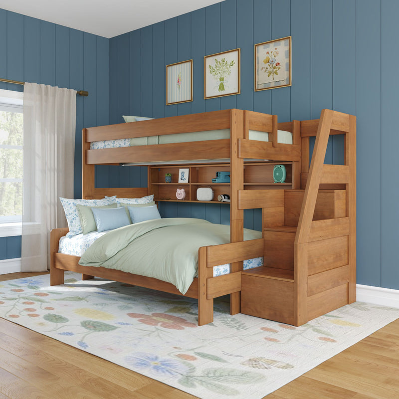 Modern Farmhouse Twin Over Full Bunk Bed With Stairs & Bookcase