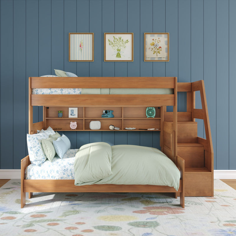 Modern Farmhouse Twin Over Full Bunk Bed With Stairs & Bookcase