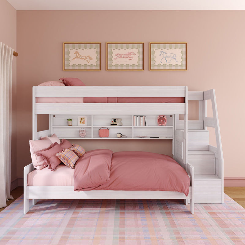 Modern Farmhouse Twin XL Over Queen Bunk Bed With Stairs & Bookcase