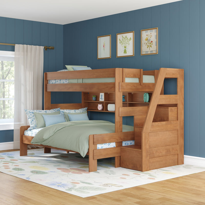 Modern Farmhouse Twin XL Over Queen Bunk Bed With Stairs & Bookcase