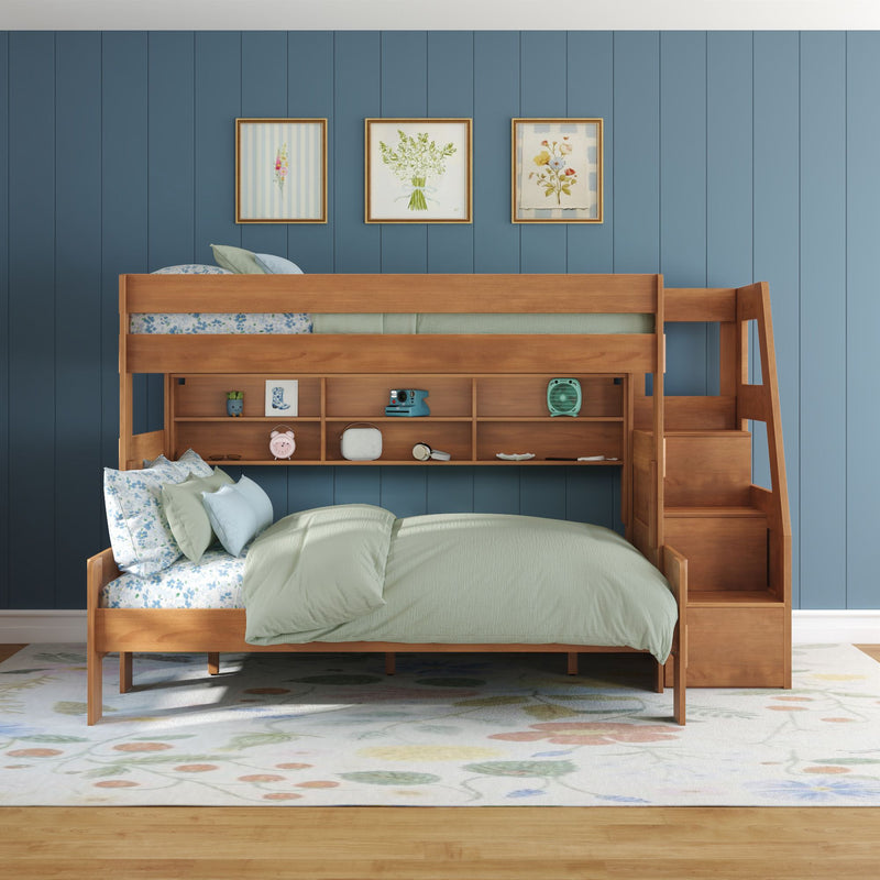 Modern Farmhouse Twin XL Over Queen Bunk Bed With Stairs & Bookcase