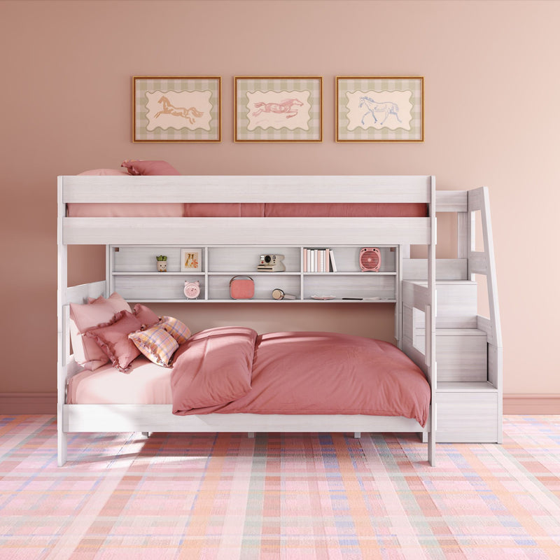 Modern Farmhouse Queen Over Queen Bunk Bed With Stairs & Bookcase