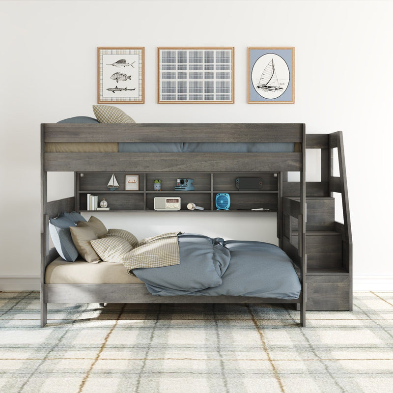 Modern Farmhouse Queen Over Queen Bunk Bed With Stairs & Bookcase