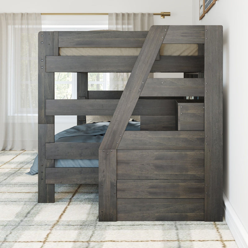 Modern Farmhouse Queen Over Queen Bunk Bed With Stairs & Bookcase