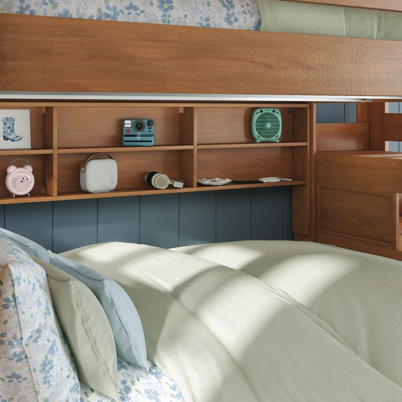 Modern Farmhouse Queen Over Queen Bunk Bed With Stairs & Bookcase
