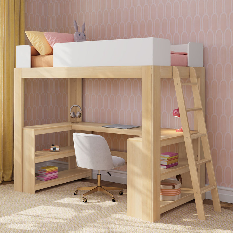 Light-wood kids loft bed with built-in desk and ladder, pink patterned wallpaper, pastel bedding, plush bunny and study area
