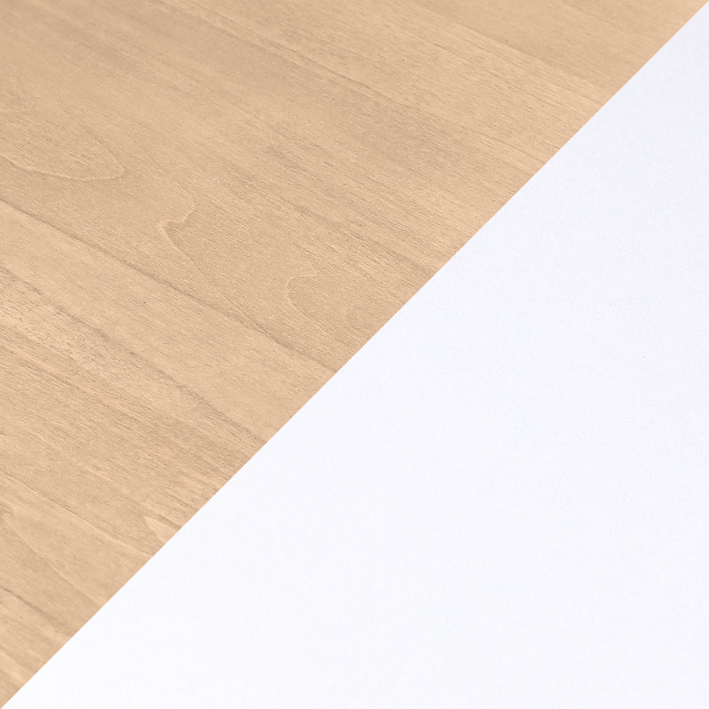 Minimal diagonal flatlay of light maple wood desk and white paper, close-up texture ideal for office background