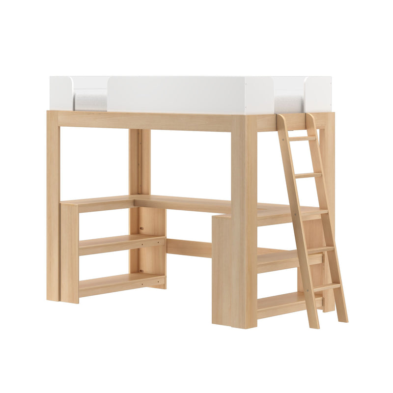 Space-saving natural wood loft bed with integrated ladder, open shelving and white safety rail — modern children's bunk bed platform