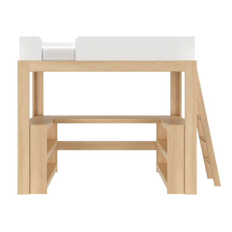 Natural oak loft bed with white safety rail, built-in ladder and under-bed shelving — modern minimalist bedroom storage solution