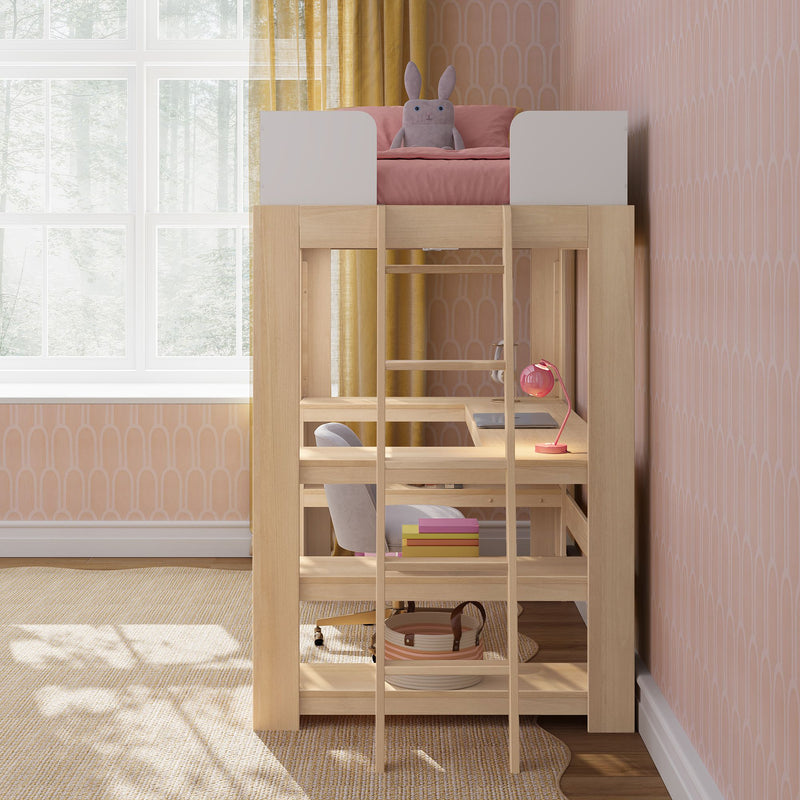Kids loft bed with built-in desk and wooden frame, pink bedding with stuffed bunny, pink desk lamp and yellow curtains