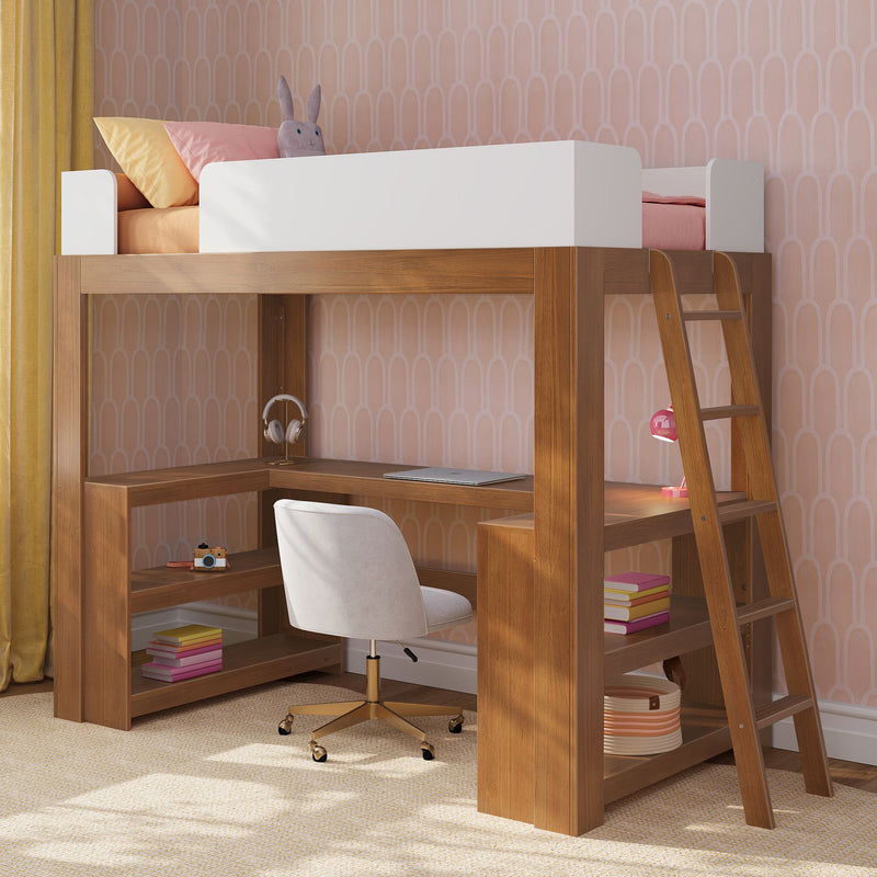 Kids wooden loft bed with built-in desk and ladder, pink scallop wallpaper, study area with laptop, headphones, stacked books and plush bunny.