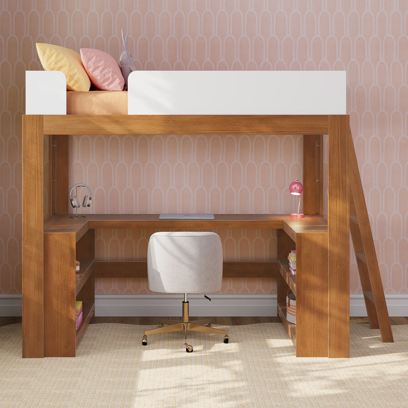Modern wooden kids loft bed with built-in desk and ladder, pastel pink wallpaper and pillows, laptop, headphones and pink desk lamp