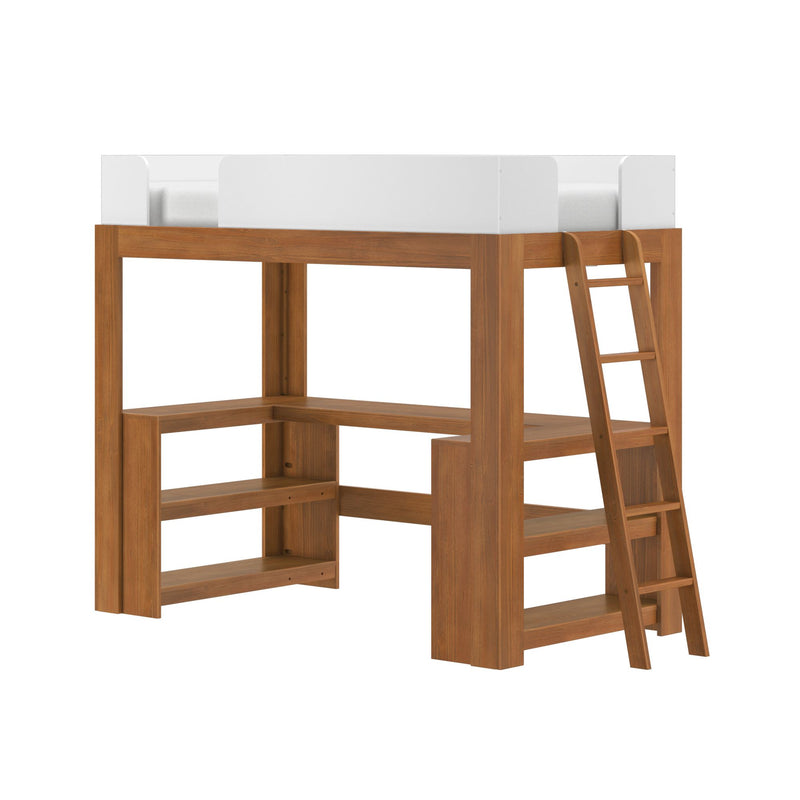 Solid wood loft bed with ladder, built-in shelving and white safety guardrail, modern kids twin loft bed frame