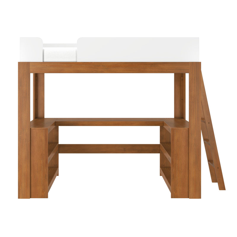 Modern natural wood twin loft bed with white safety rail, ladder and built-in shelves/desk — sturdy hardwood frame for kids' bedroom