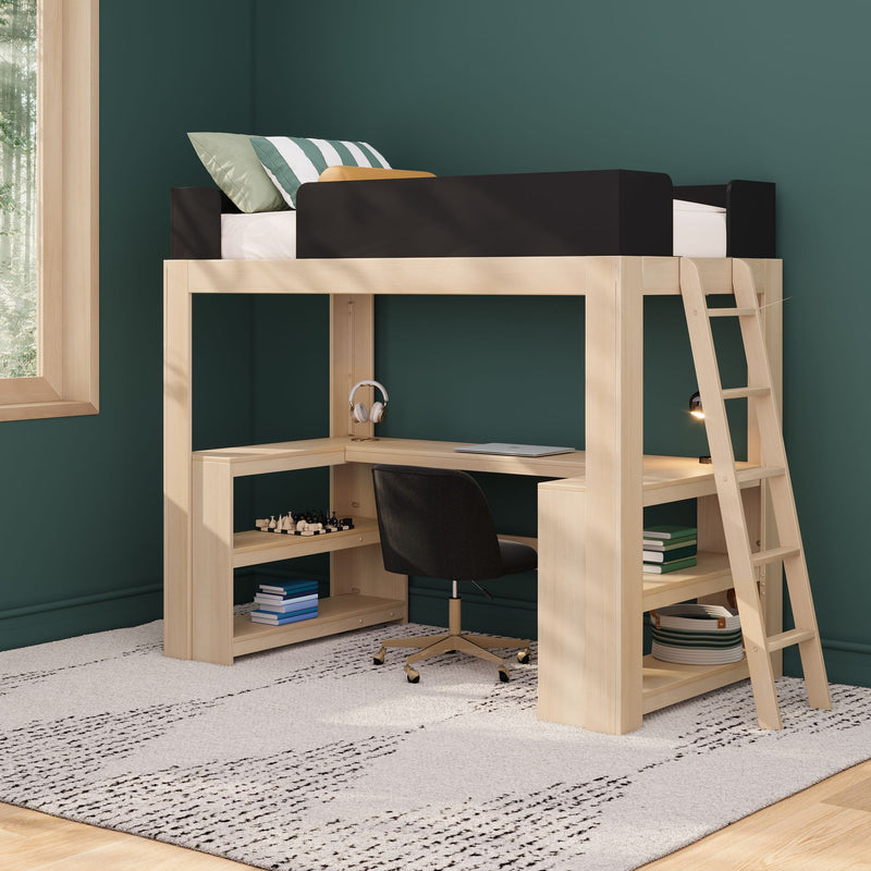 Space-saving natural wood loft bed with built-in desk, ladder and shelves, green accent wall, striped pillows, laptop and study chair