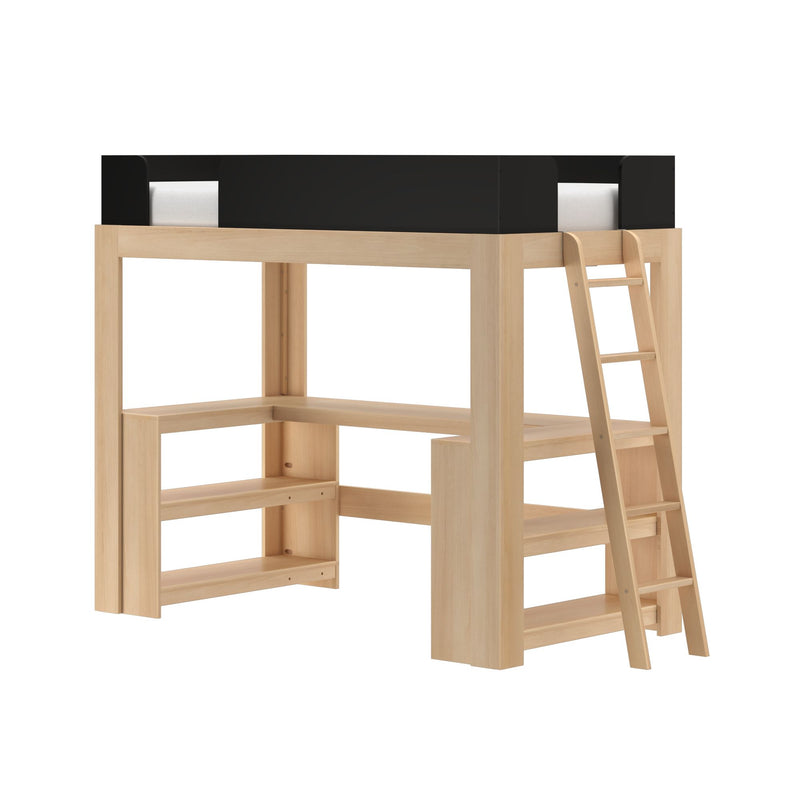 Light wood loft bed with black safety rails, white mattress, built-in ladder and open storage shelves underneath, modern space-saving kids' loft bed