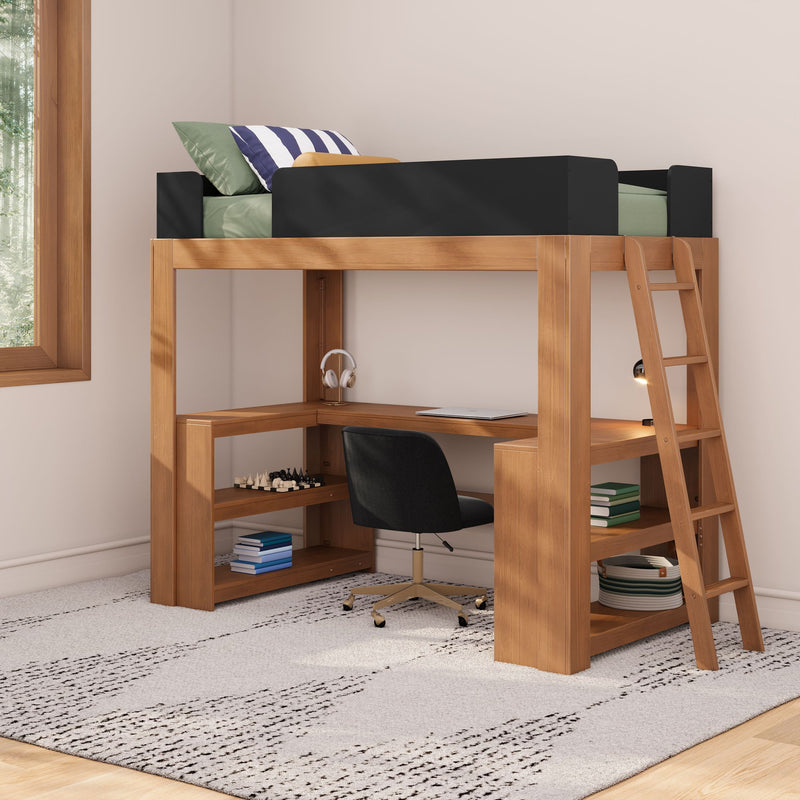 Wooden loft bed with built-in desk, ladder and shelves, green bedding and striped pillow in modern kids' bedroom study nook