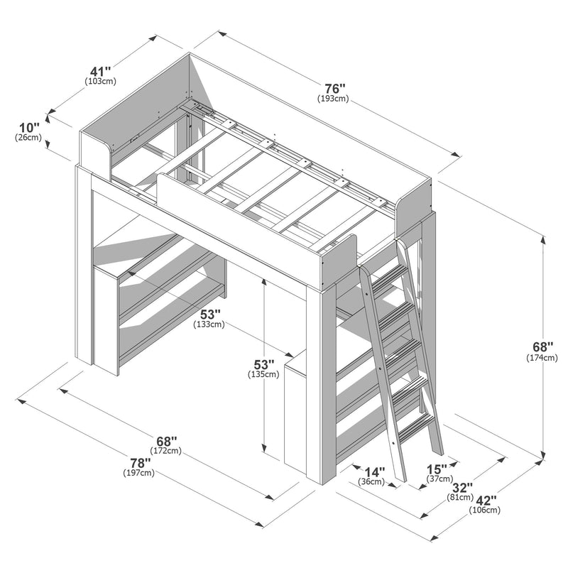 Loft bed dimensions diagram with ladder and built-in shelves — technical line drawing showing detailed measurements in inches and centimeters (78", 68", 53", 41", 76")