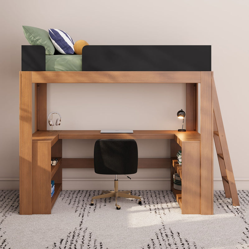 Light wood loft bed with built-in desk and ladder, modern space-saving bedroom furniture with black guardrail, green bedding, laptop, lamp and headphones