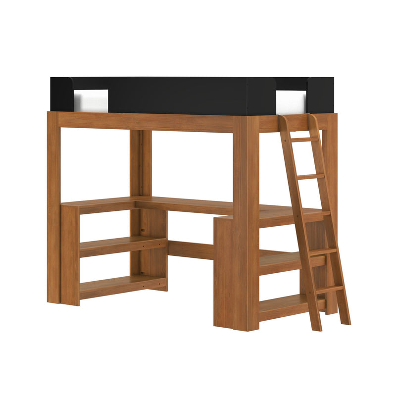 Space-saving natural wood loft bed with integrated ladder, built-in shelves and black guardrail for twin mattress — modern wooden loft bed for small bedrooms and studio apartments