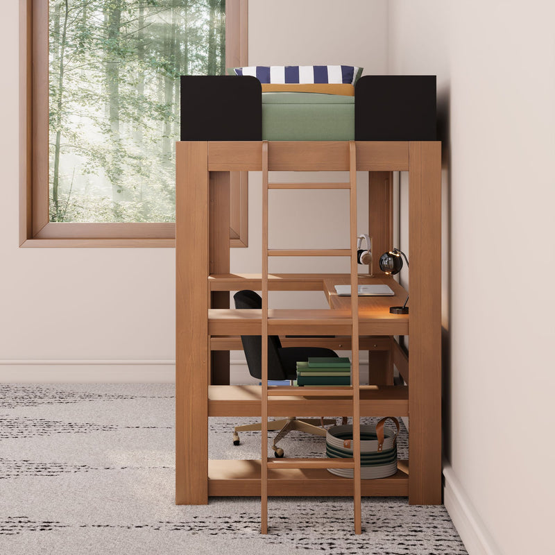 Modern wooden loft bed with built-in desk, striped pillow and large window overlooking forest, compact bedroom workspace
