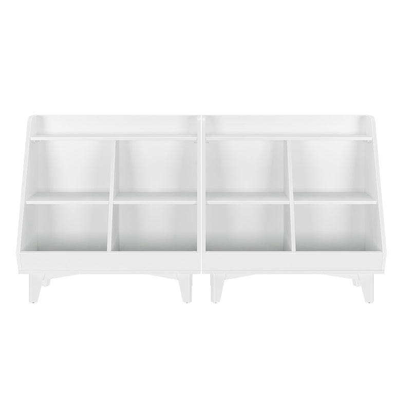 White cubby shelf organizer — modular storage unit with multiple open compartments and top ledge on short legs for entryway, nursery, or closet storage