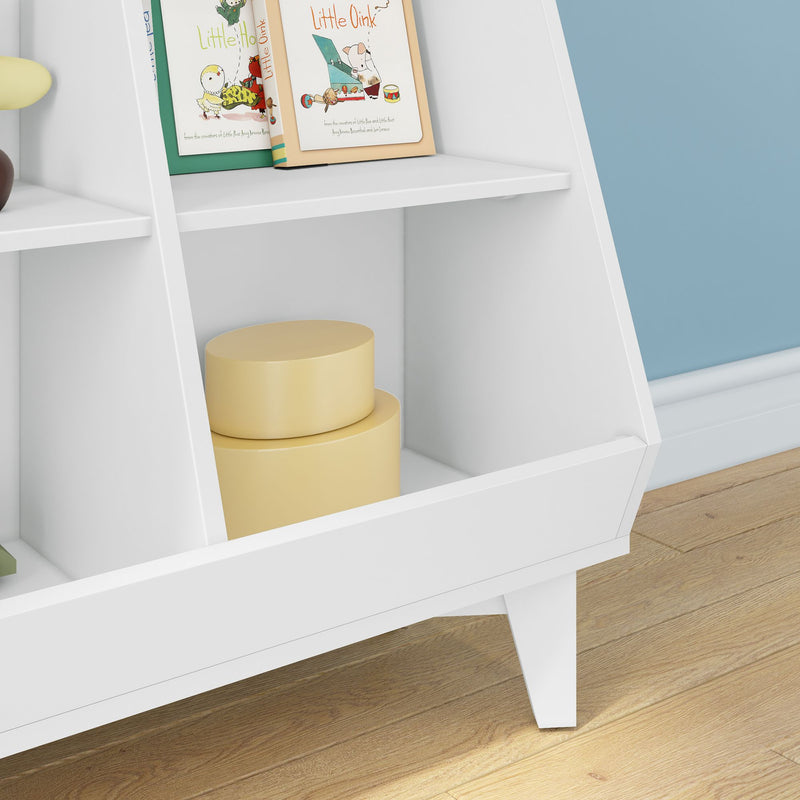 White nursery ladder bookshelf with children's board books and round yellow storage boxes on oak floor and blue accent wall