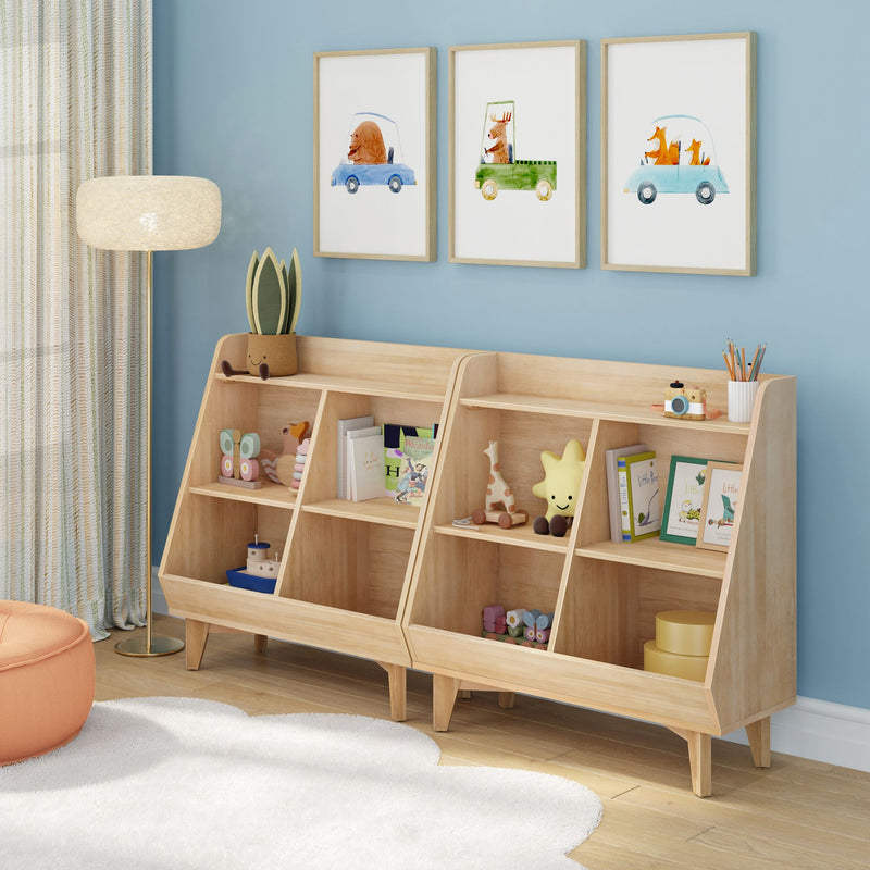 Kids nursery with wooden toy organizer and open bins, plush toys and books, pastel blue wall with three framed animal car watercolor prints — playroom storage and décor