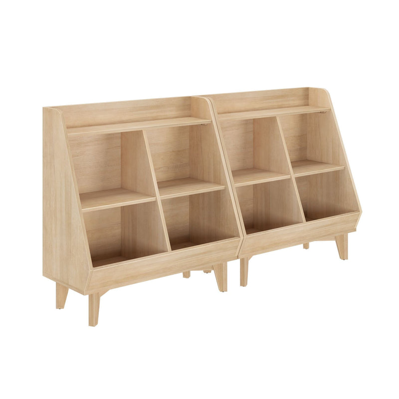 Light oak modular wooden cubby organizer with angled multi-compartment shelves, top ledge and tapered mid-century legs for classroom or children's toy storage.