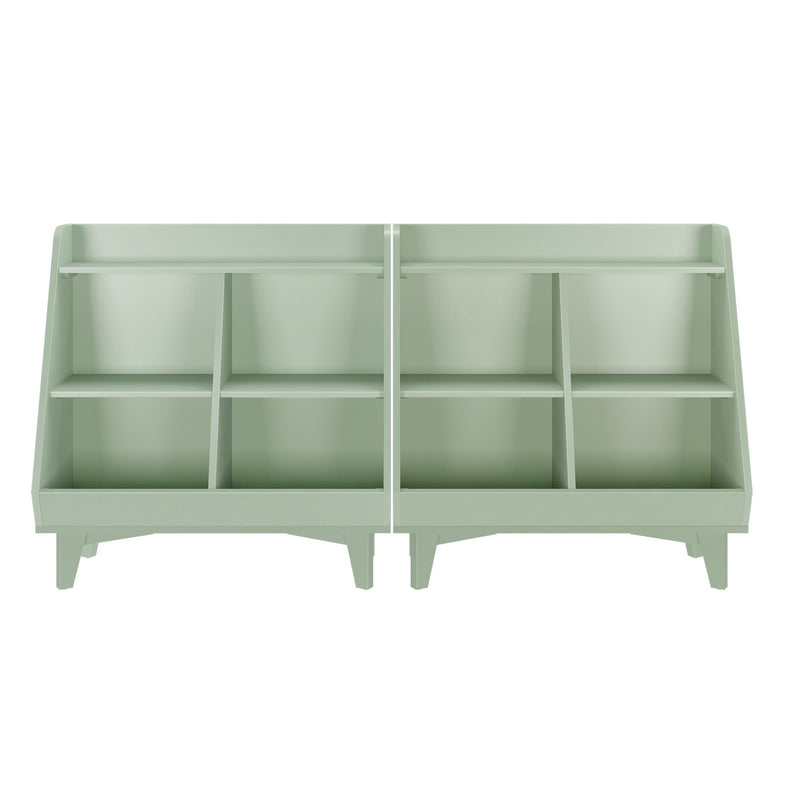 Mint green modular cubby storage shelf with multiple compartments and mid-century-style legs, ideal for nursery, kids' room, entryway, or office organization