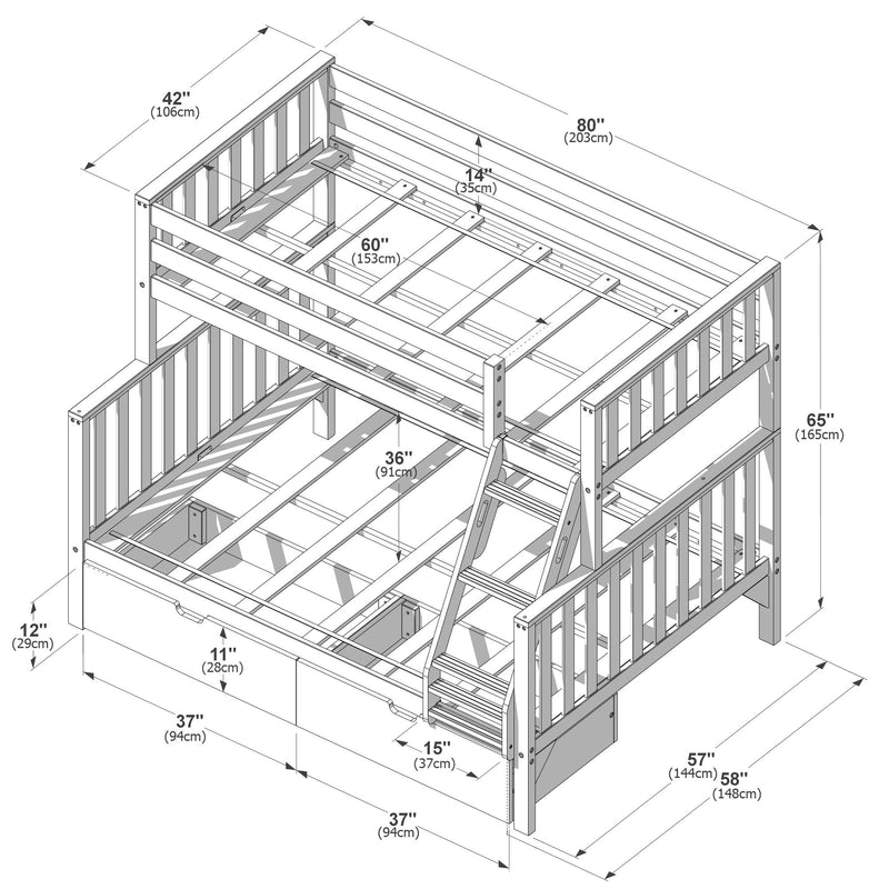 Scandinavian Twin Over Full Bunk Bed With Storage Drawers