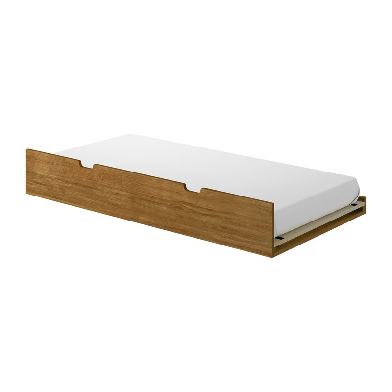 Twin-size wooden platform bed frame with white mattress, oak finish and minimalist low-profile design