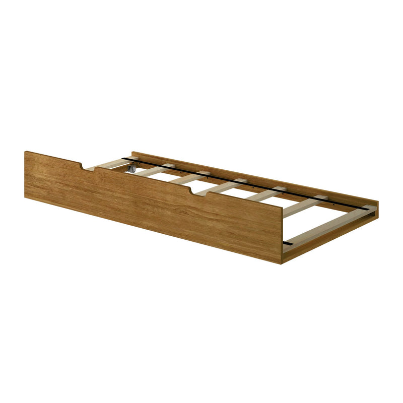Oak wood single bed frame with slatted support and pull-out trundle on caster wheels, space-saving storage bed
