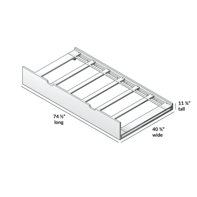 Platform slatted bed frame assembly diagram with dimensions 74.5 in long x 40.75 in wide x 11.75 in tall