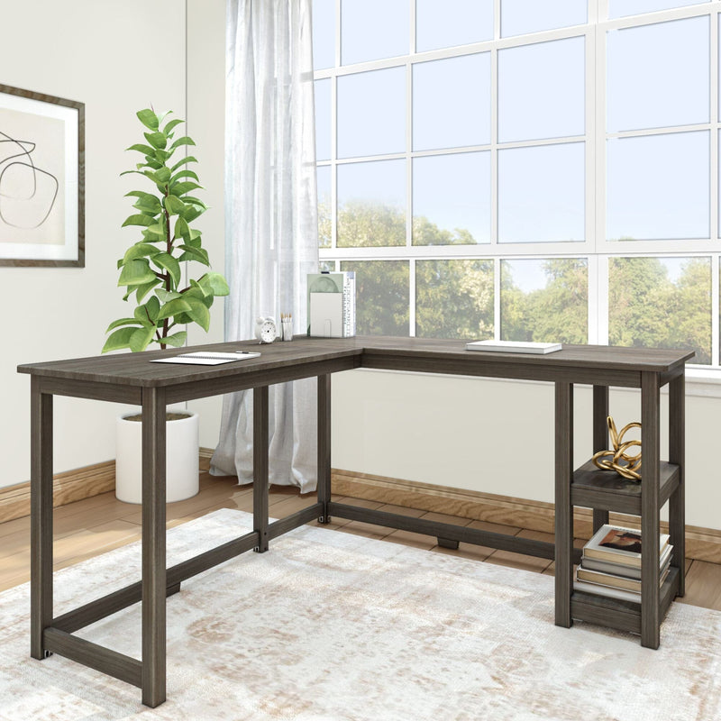 Modern home office with L-shaped wood desk, large grid window and natural light, sheer curtains, potted plant.